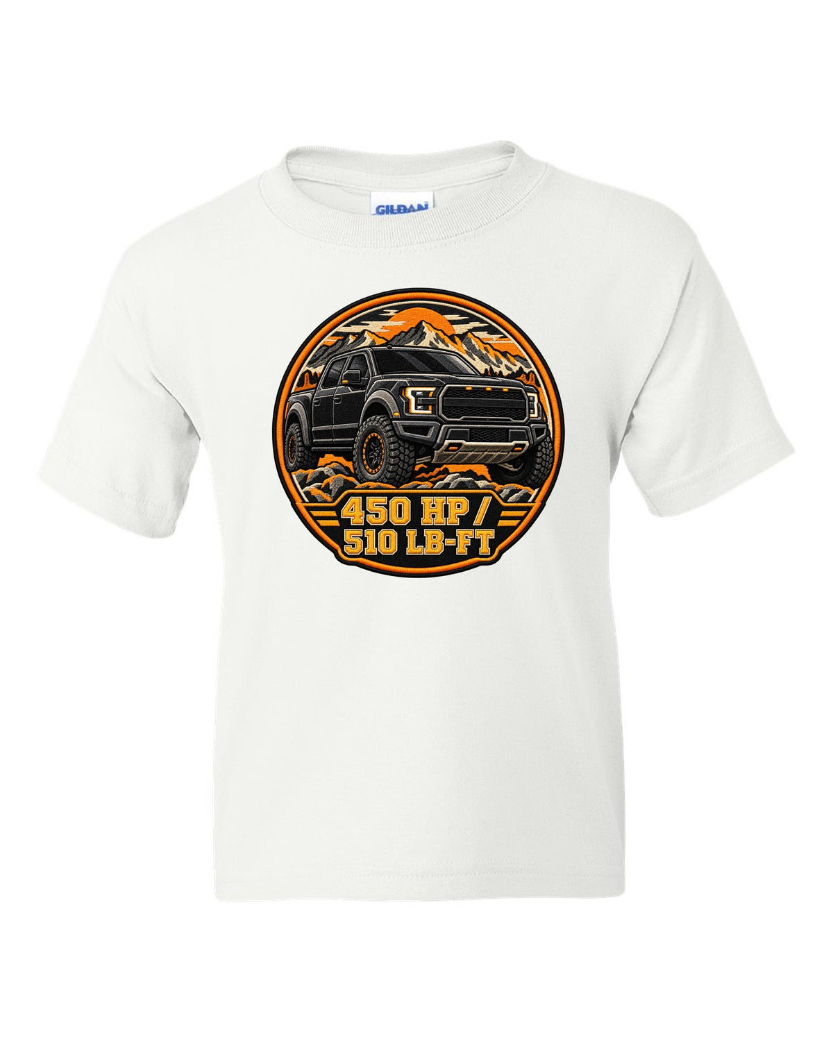 Varsity crest print for a 2017-20 Gen 2 Ford F-150 Raptor P552 with 450 hp text white kids tee front view with the design