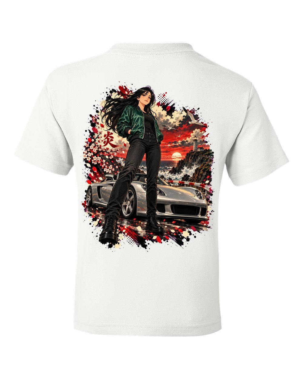 Porsche Carrera GT Anime Girl Kids Tee White back