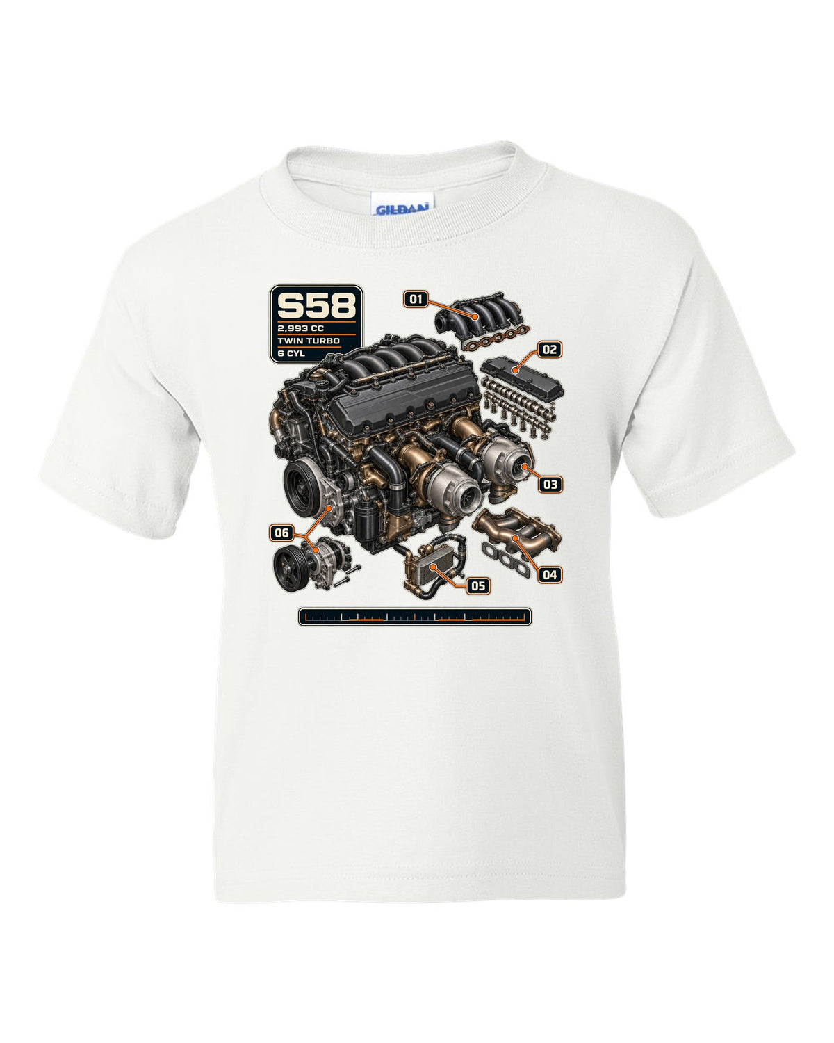 BMW S58 twin-turbo inline-six engine print with 2,993 cc text white kids tee front view with the design