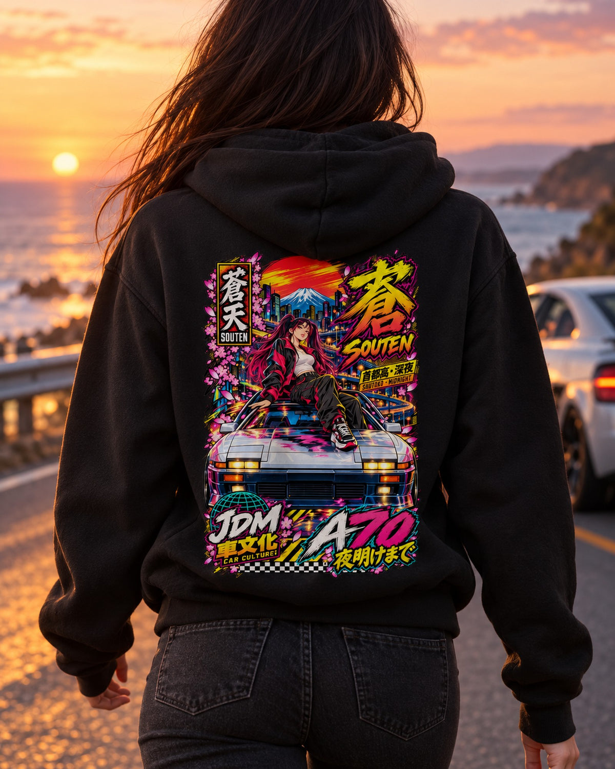 SOUTEN A70 Anime Girl Full-Back Graphic Tee Pull Over Hoodie Black worn hero