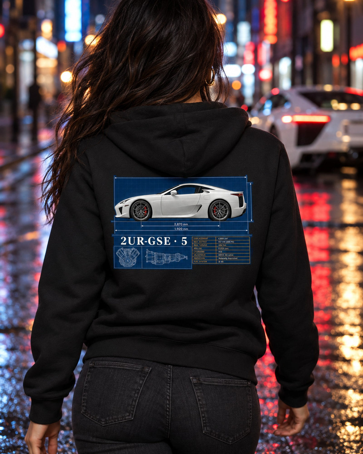 Lexus LFA10 Spec Poster Shirt, 552 HP Carbon Tub Tee Zip Hoodie Black worn hero