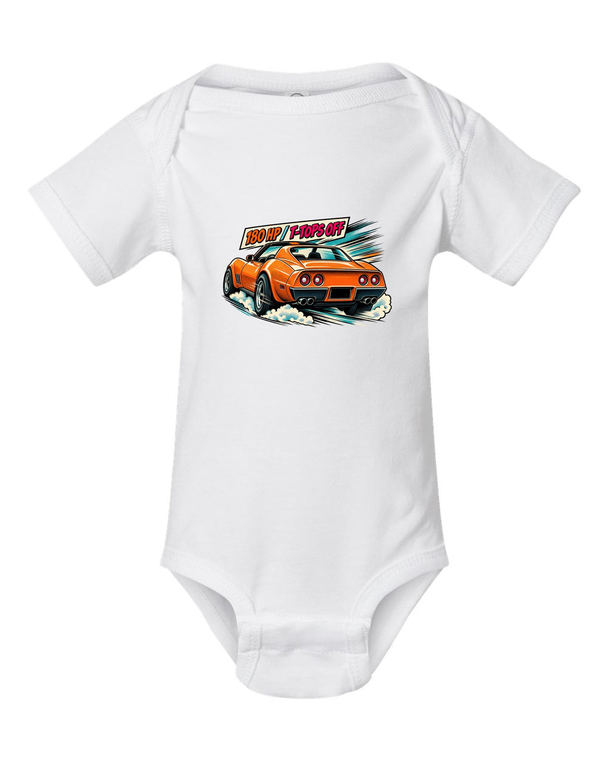 Retro manga halftone panel print of 1977 Chevrolet Corvette C3 Stingray taillights with 180 HP T-Tops Off text white baby onesie front view with the design