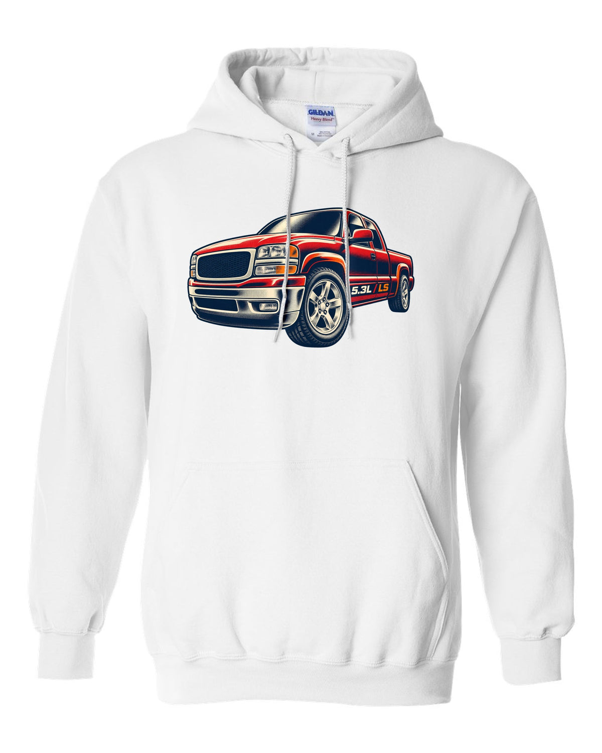 Retro screen-print wheel close-up print for a 1999-2006 Chevrolet Silverado GMT800 with 5.3L LS text white pull over hoodie front view with the design