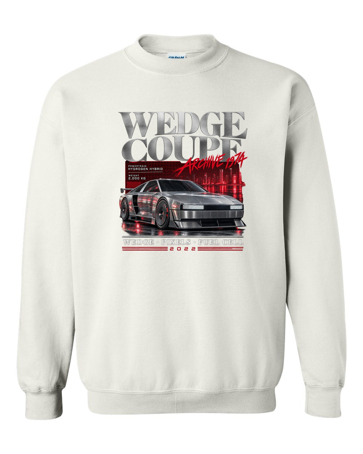 Hyundai N Vision 74 archive panel print with wedge coupe and hydrogen hybrid text white crewneck front view with the design