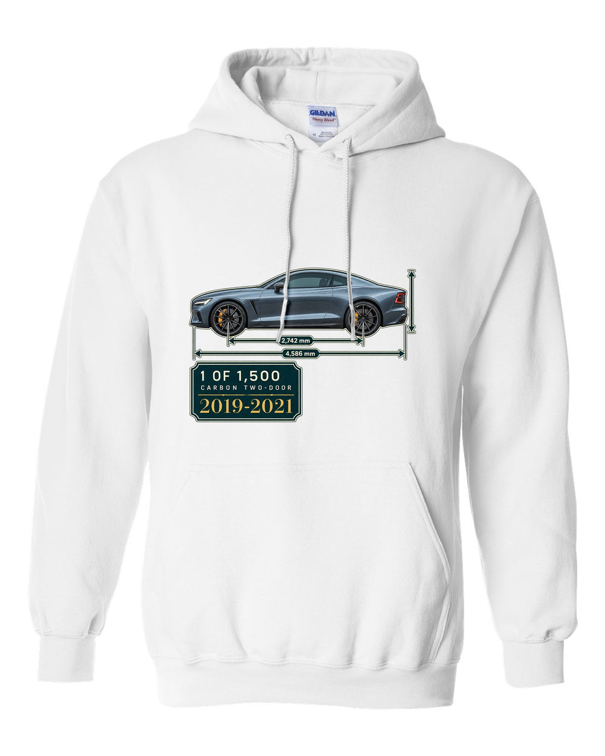 Polestar 1 archive panel print showing 1 of 1,500 carbon two-door white pull over hoodie front view with the design