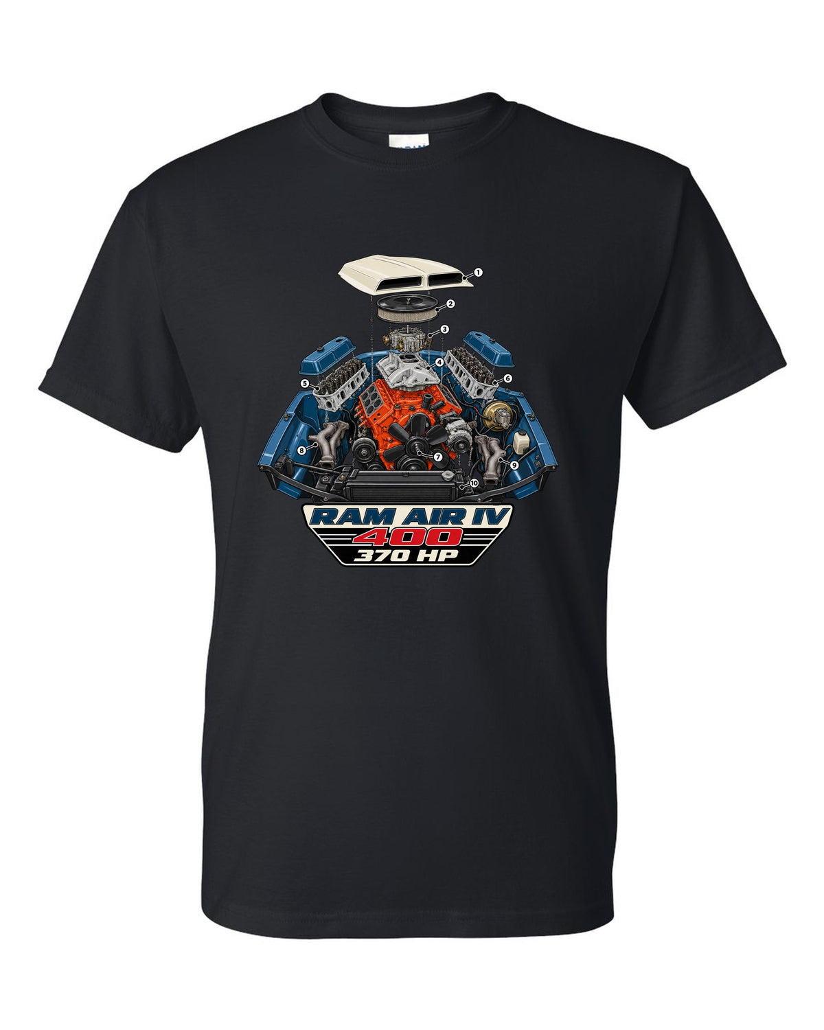 1969 Pontiac GTO Ram Air IV exploded engine bay diagram with 400 and 370 HP text black t-shirt front view with the design