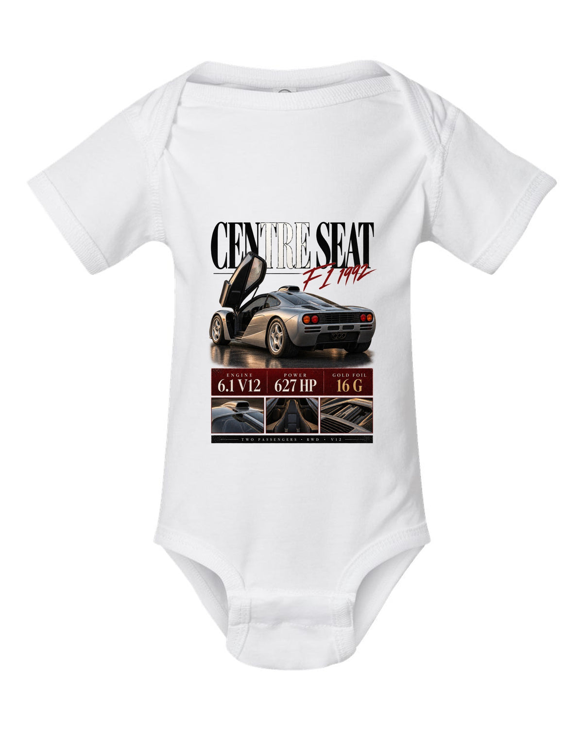Archive panel print of the 1992 McLaren F1 with centre driving seat and V12 specification text white baby onesie front view with the design