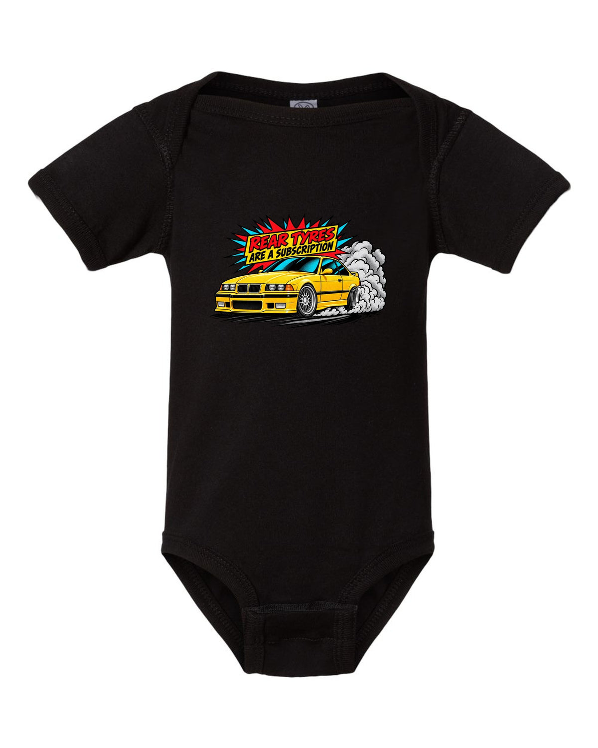 Risograph illustration of the stripped cockpit of a BMW E36 M3 Lightweight 1995 black baby onesie front view with the design