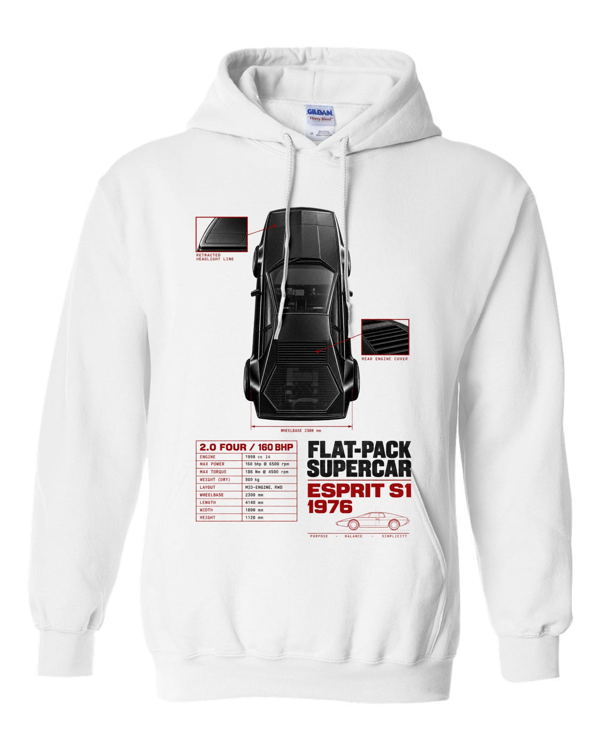 Lotus Esprit S1 top-down spec poster with 2.0 four and 160 bhp white pull over hoodie front view with the design