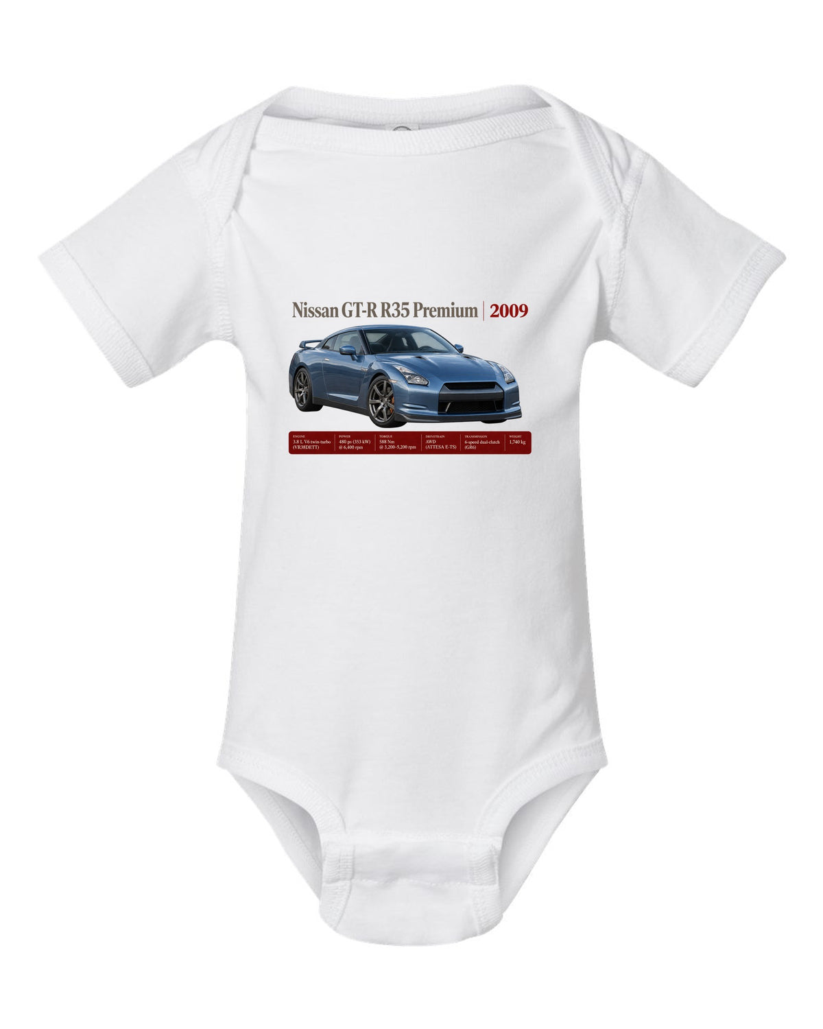 Nissan GT-R R35 2009 Premium archive panel poster white baby onesie front view with the design