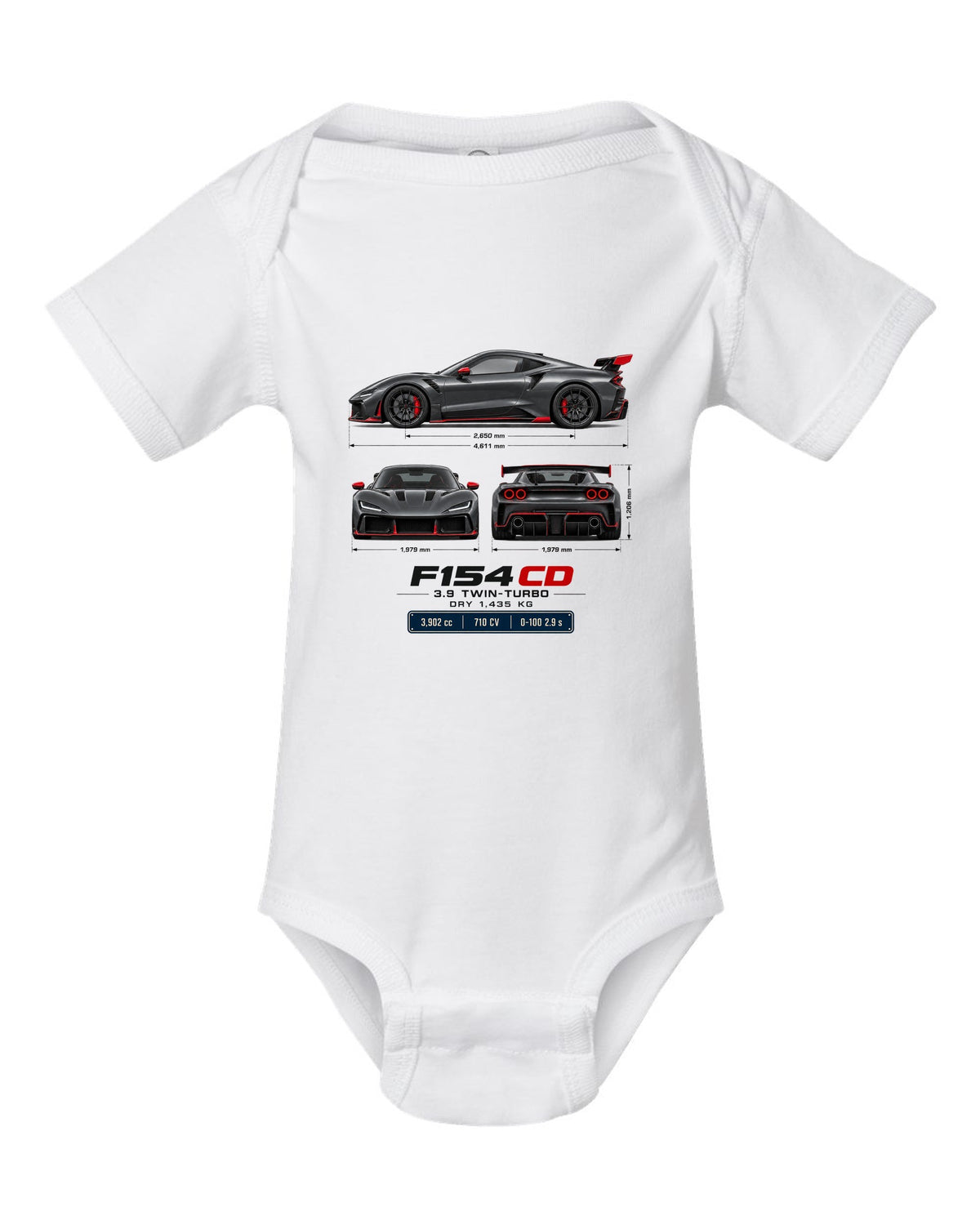 Ferrari F8 Tributo three-view spec table print with F154 CD engine code white baby onesie front view with the design