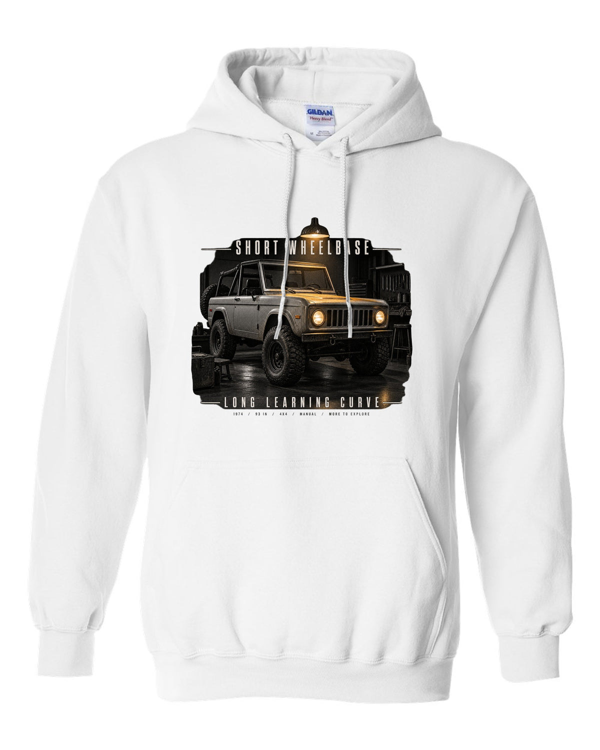 Garage night print for the Jeep CJ-5, Short Wheelbase Long Learning Curve white pull over hoodie front view with the design