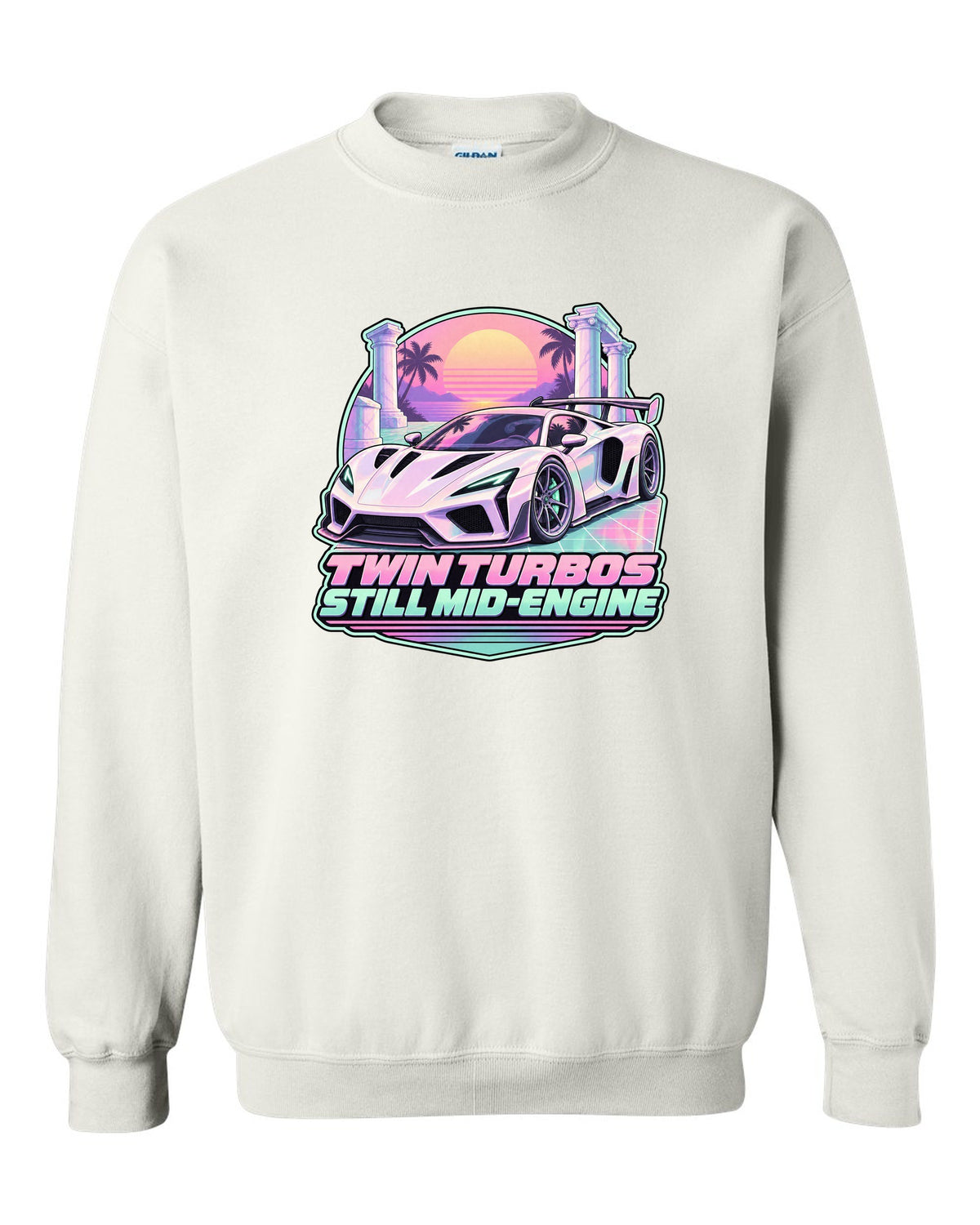 Badge crest design of a 2023 C8 Corvette Z06 with wide rear haunches white crewneck front view with the design