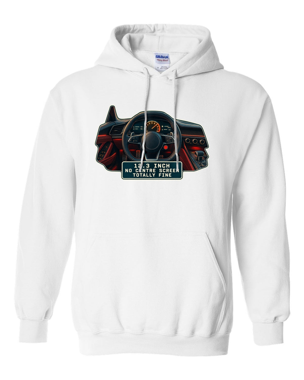 Audi R8 V10 Type 4S virtual cockpit digital gauge print design white pull over hoodie front view with the design