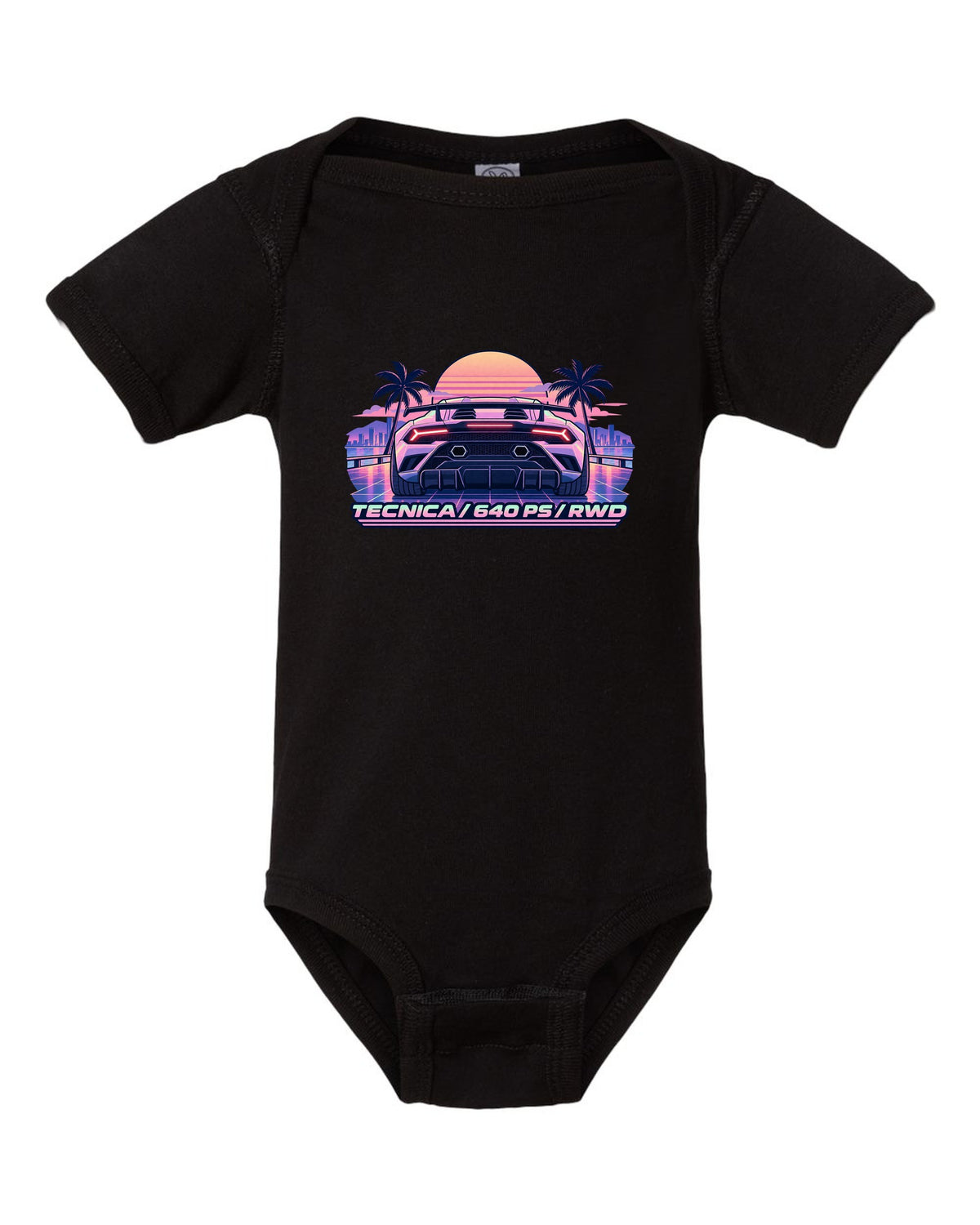 Vaporwave pastel taillight grid of a Lamborghini Huracan Tecnica LP640-2 with text TECNICA / 640 PS / RWD black baby onesie front view with the design