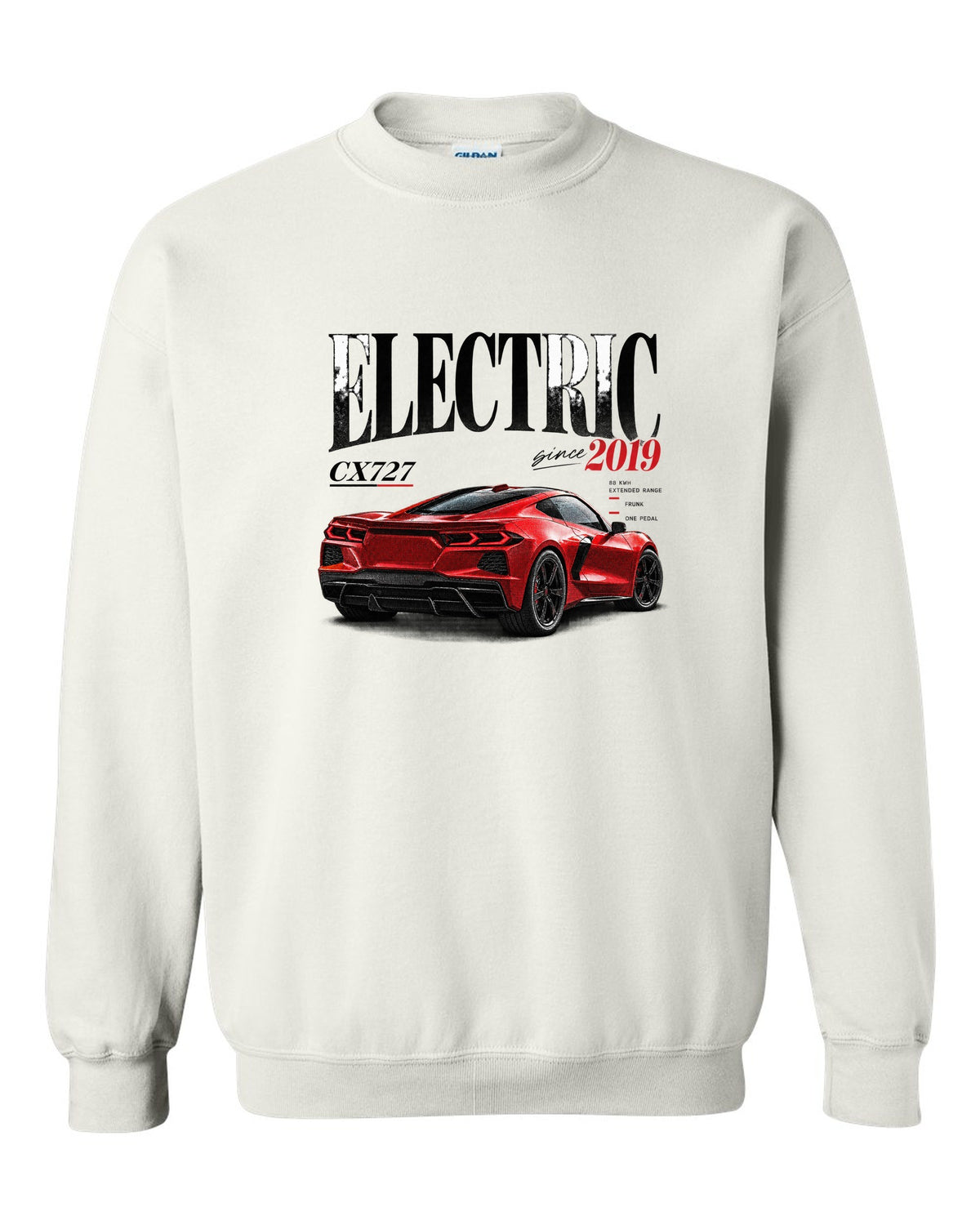 Ford Mustang Mach-E CX727 editorial headline print reading Electric Since 2019 white crewneck front view with the design