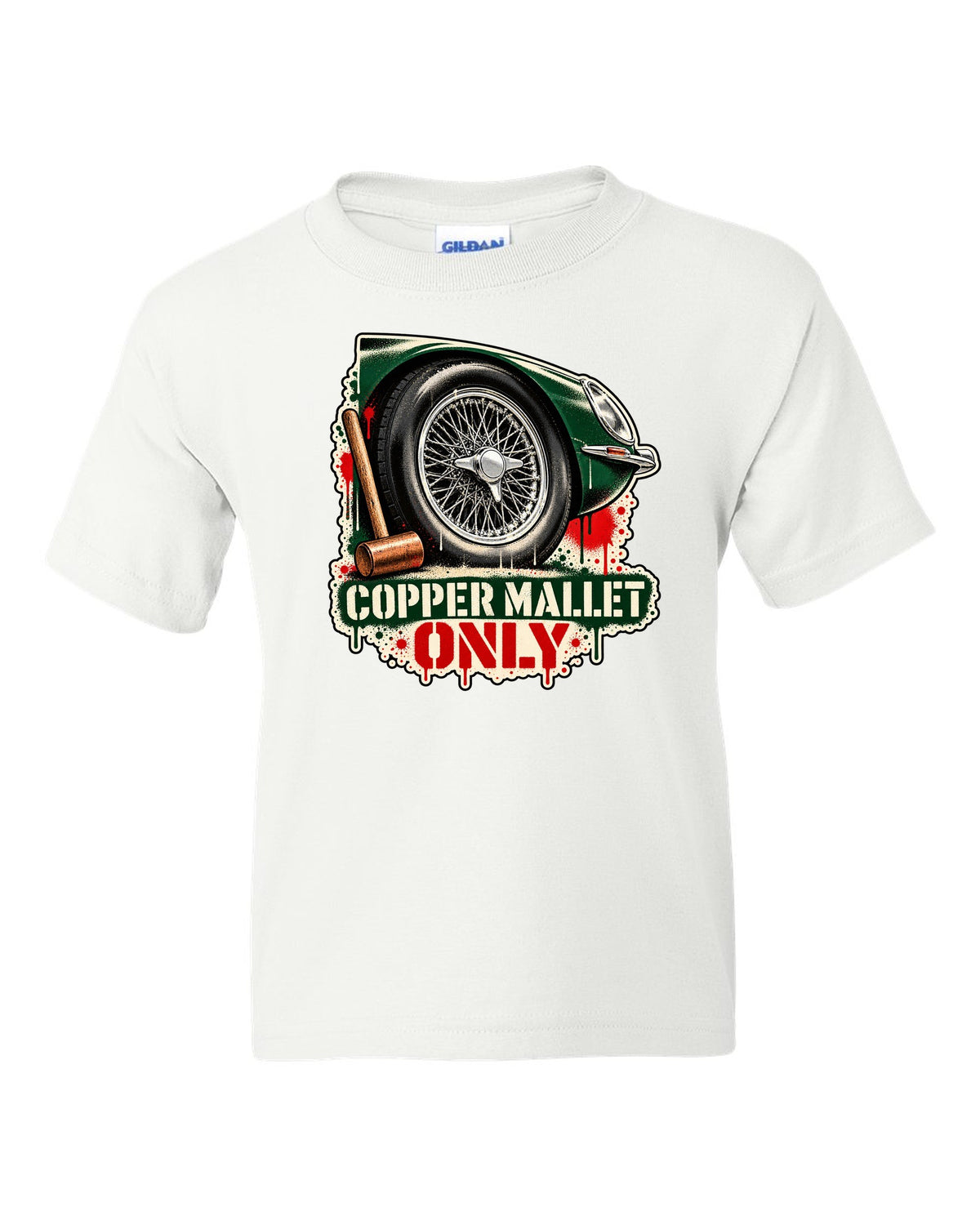 Spray stencil street art print of a Jaguar E-Type Series 1 wire wheel with copper mallet lettering white kids tee front view with the design
