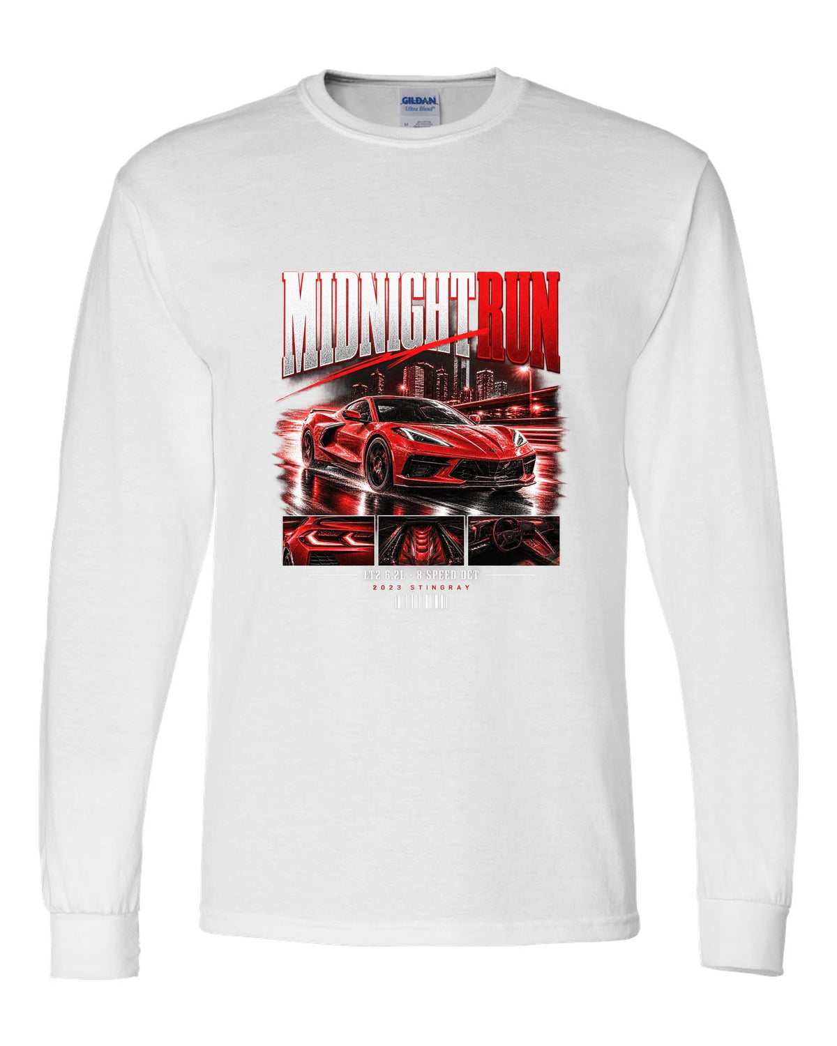 Corvette C8 Stingray 2023 widebody street poster Midnight Run white long sleeve front view with the design