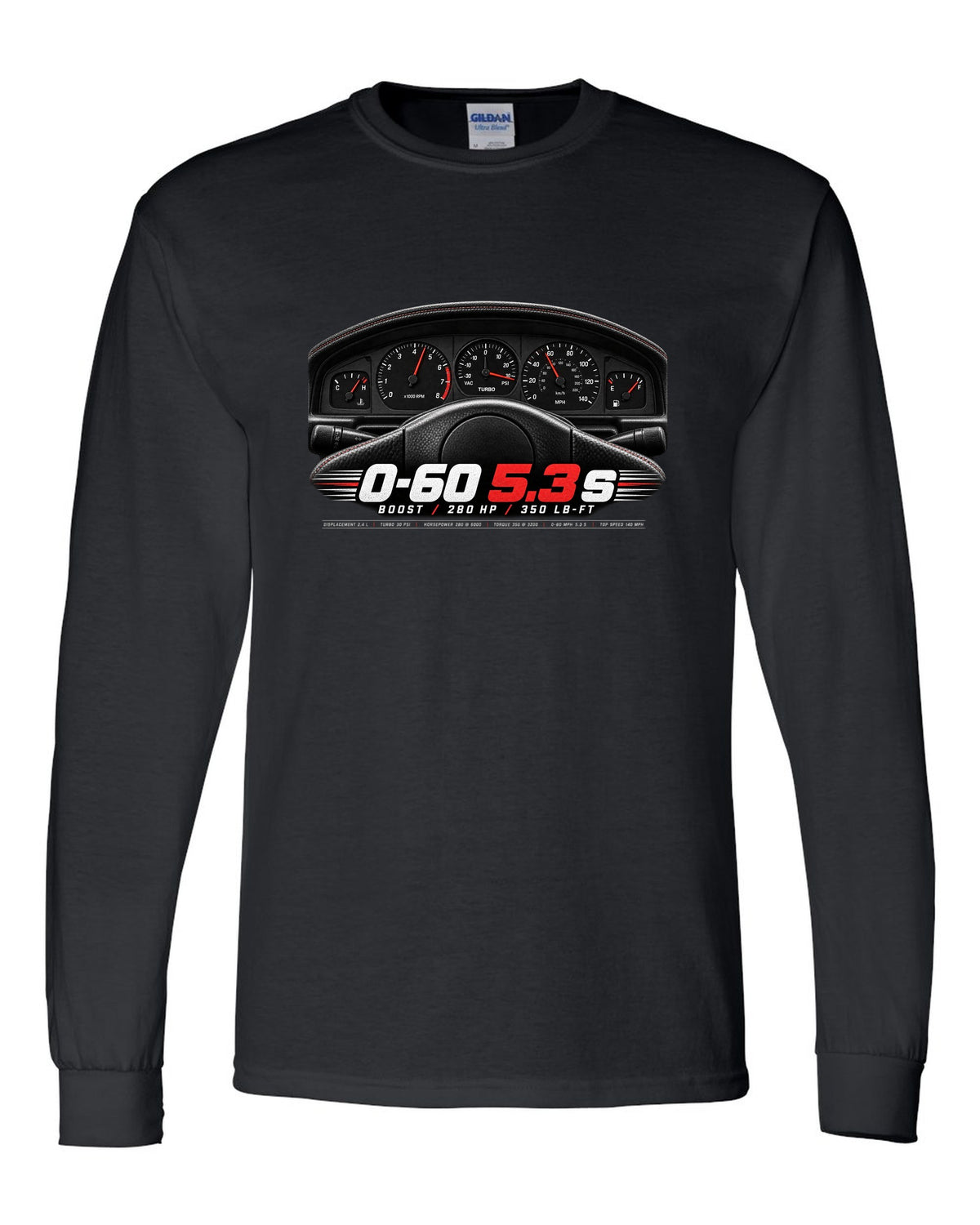 print of a 1991 GMC Syclone gauge cluster crop with boost and speed figures black long sleeve front view with the design