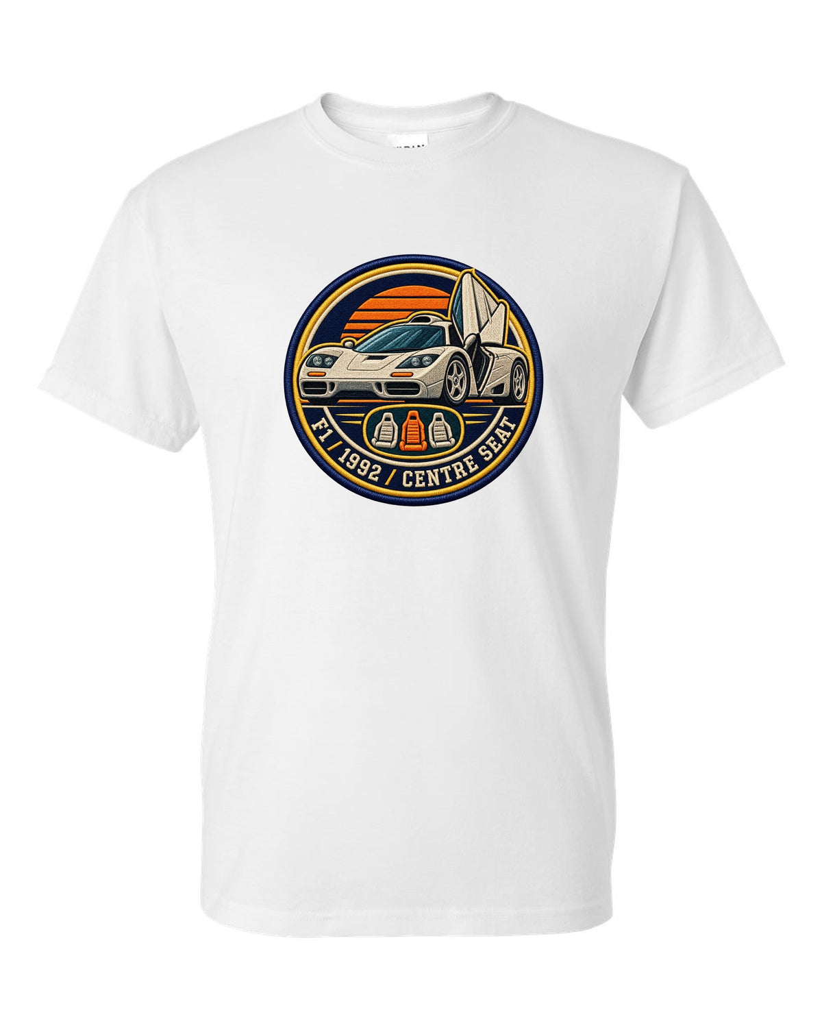 Embroidery varsity crest print for the McLaren F1 with F1, 1992 and Centre Seat lettering white t-shirt front view with the design