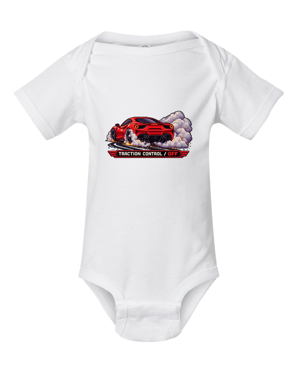 Pixel art Ferrari 488 GTB burnout with traction control off text white baby onesie front view with the design