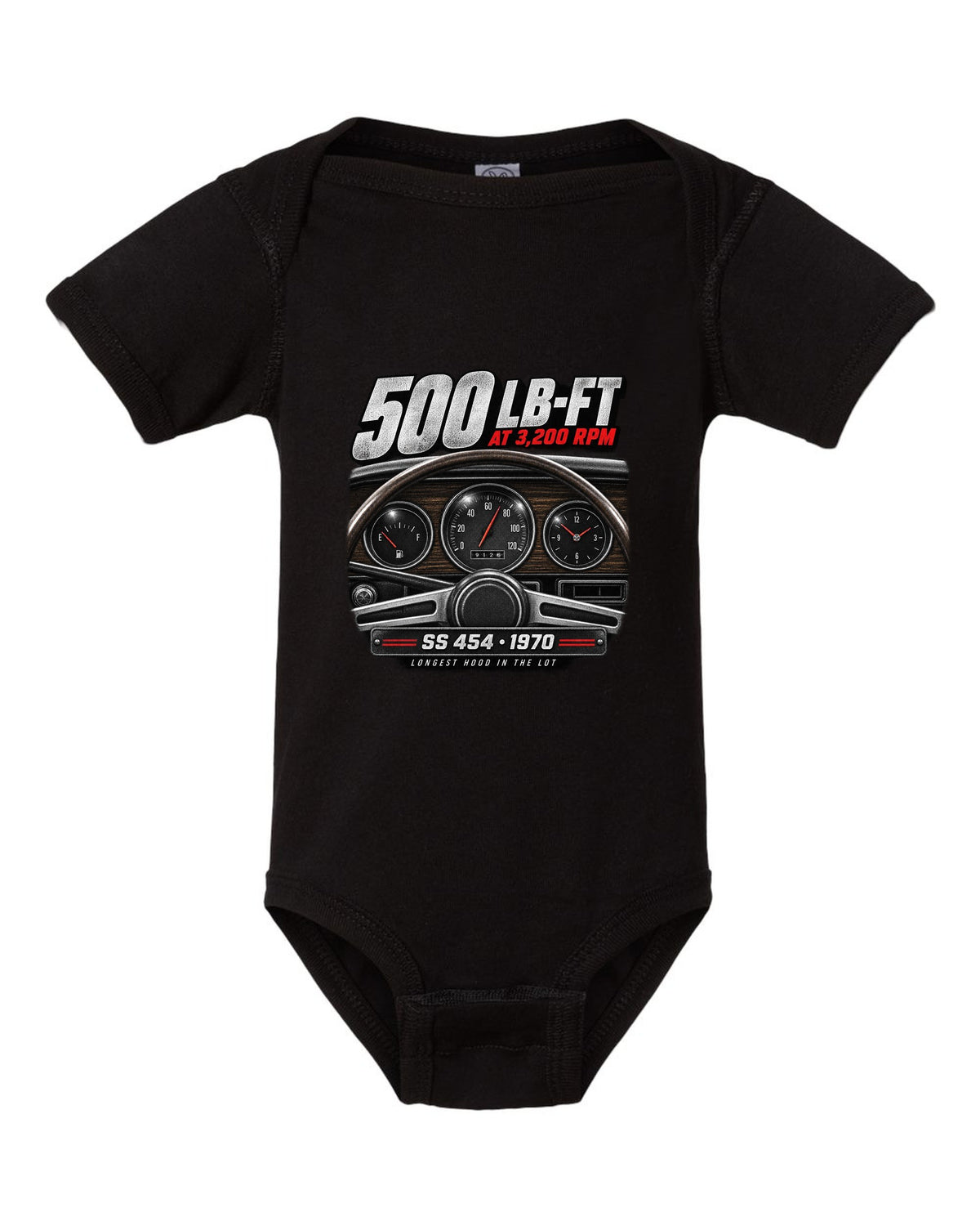 1970 Monte Carlo SS 454 gauge cockpit print with 500 lb-ft torque text black baby onesie front view with the design