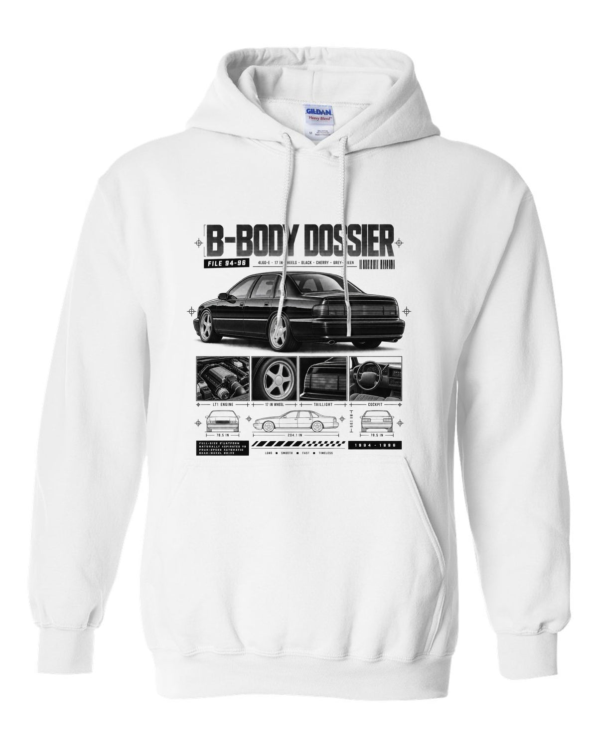 1994-96 Impala SS B-body dossier panels print with 4L60-E and wheel notes white pull over hoodie front view with the design