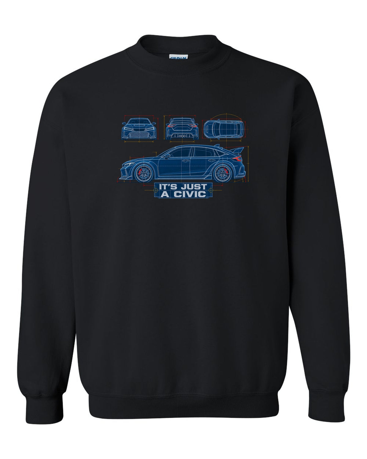 Cyanotype blueprint print of a 2023 Honda Civic FL5 ch with it's just a Civic text black crewneck front view with the design