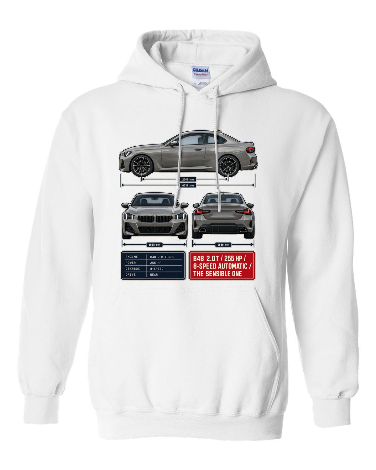 BMW 230i G42 coupe three-view drawing with spec table print white pull over hoodie front view with the design