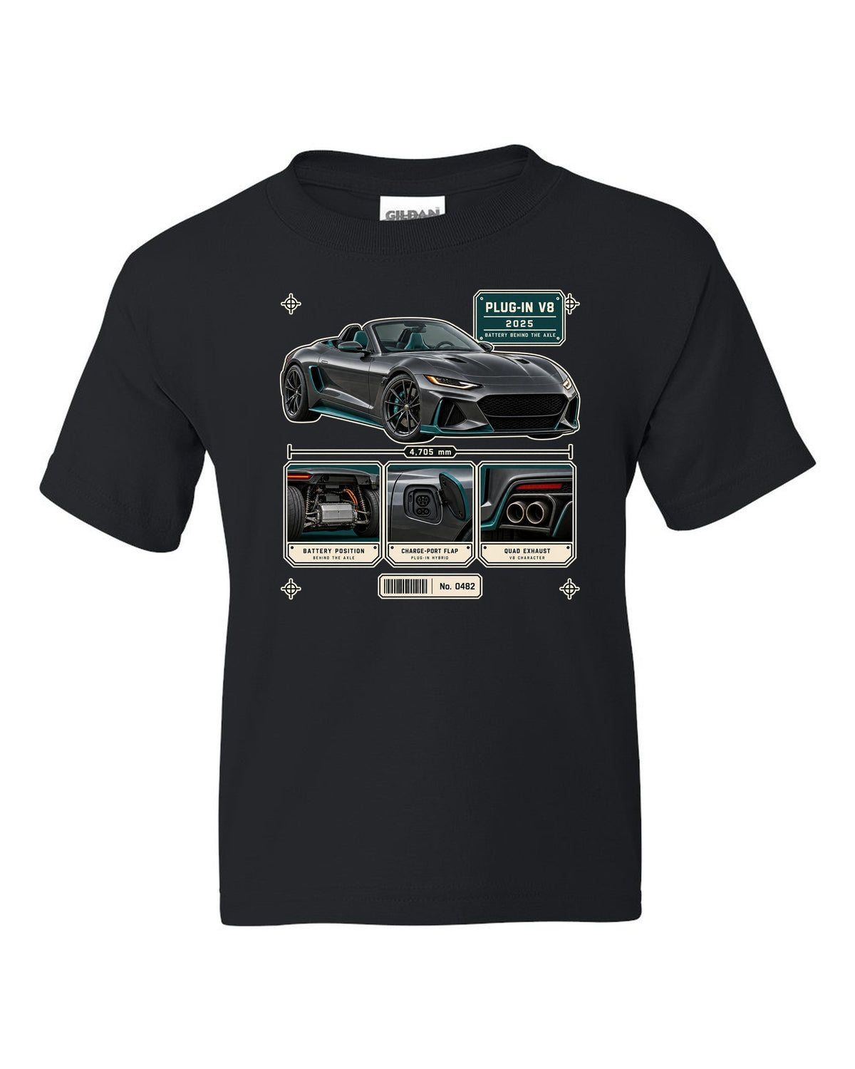 Mercedes-AMG SL63 S E Performance R232 dossier panel print in graphite and teal black kids tee front view with the design