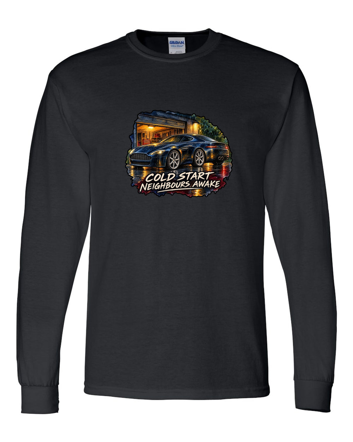 Aston Martin V8 Vantage watercolour wet-road night with COLD START NEIGHBOURS AWAKE black long sleeve front view with the design