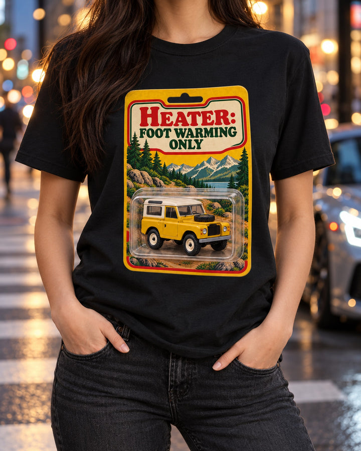 Land Rover Defender 90 Toy Blister Card Heater Joke Tee T-Shirt Black worn hero