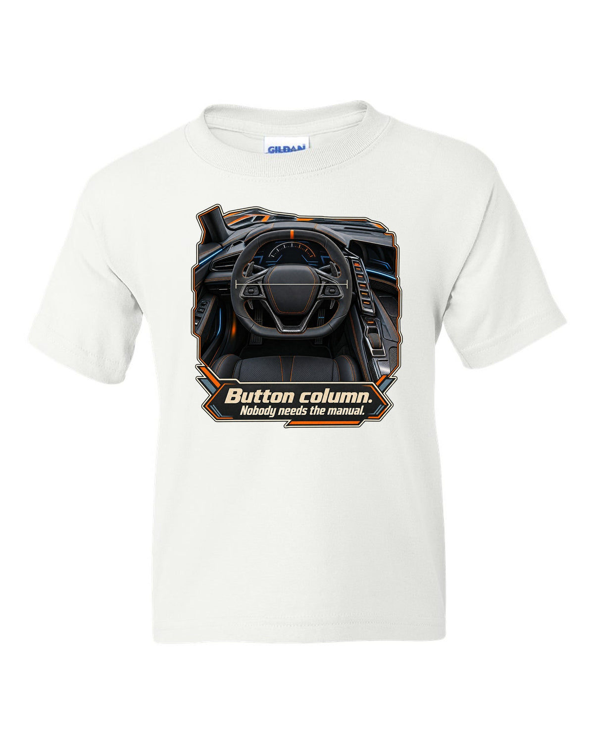 print of a Chevrolet Corvette C8 ZR1 cockpit with gauges and button column text white kids tee front view with the design