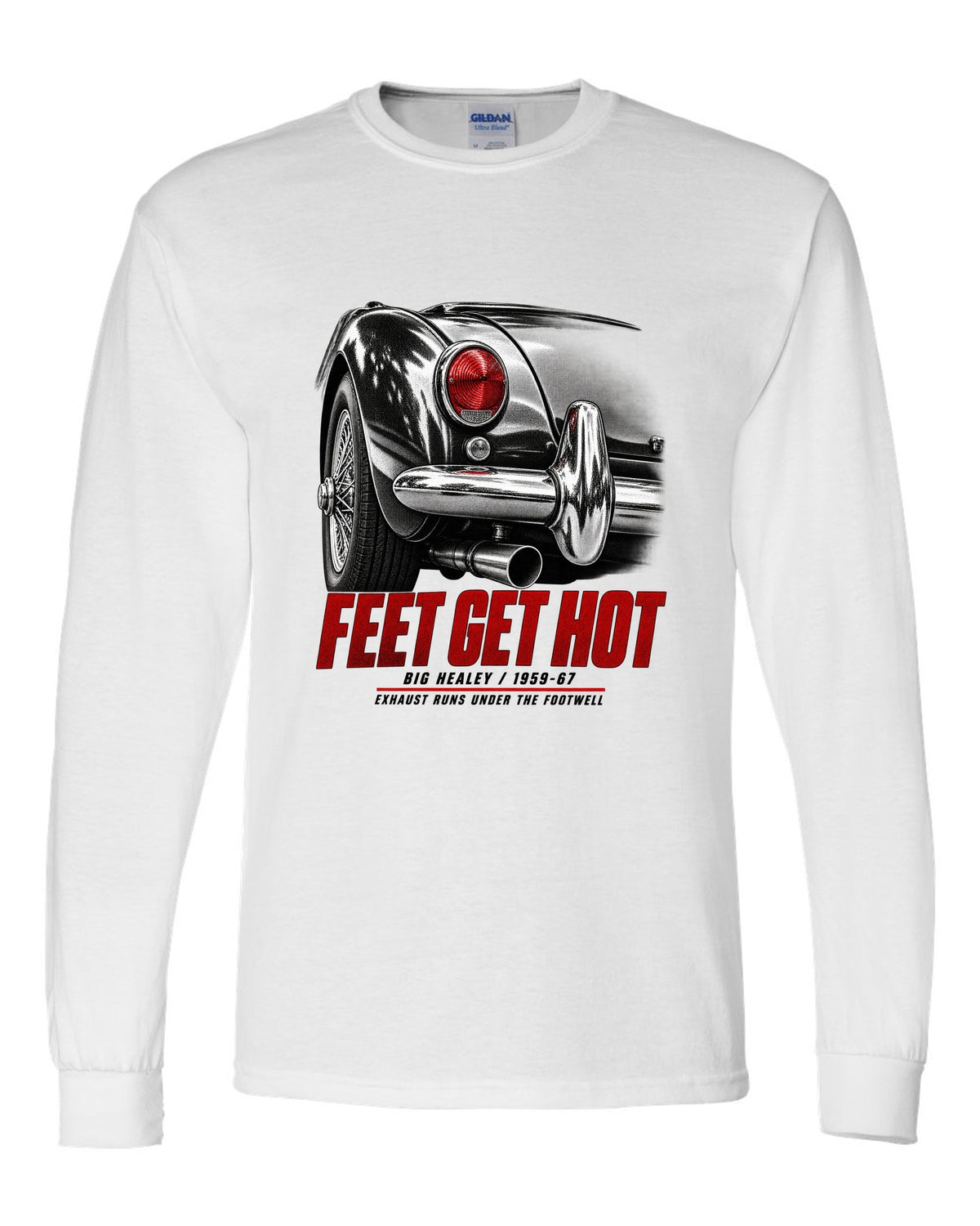 print of the rear taillight of a 1966 Austin-Healey 3000 Mk III BJ8 with hot feet lettering white long sleeve front view with the design