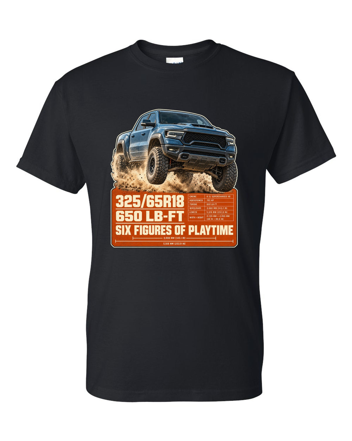 Ram 1500 TRX spec poster with tyre size and torque print black t-shirt front view with the design