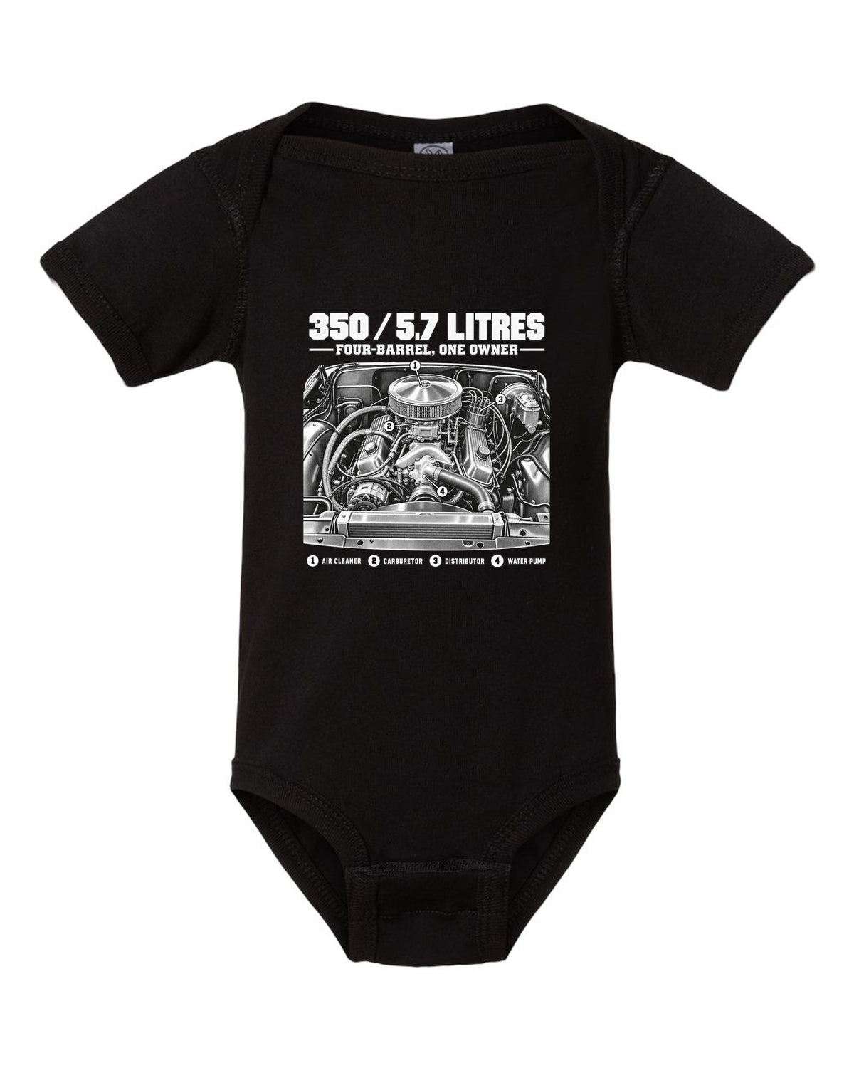 Squarebody C10 350 small block engine diagram with callouts, print black baby onesie front view with the design