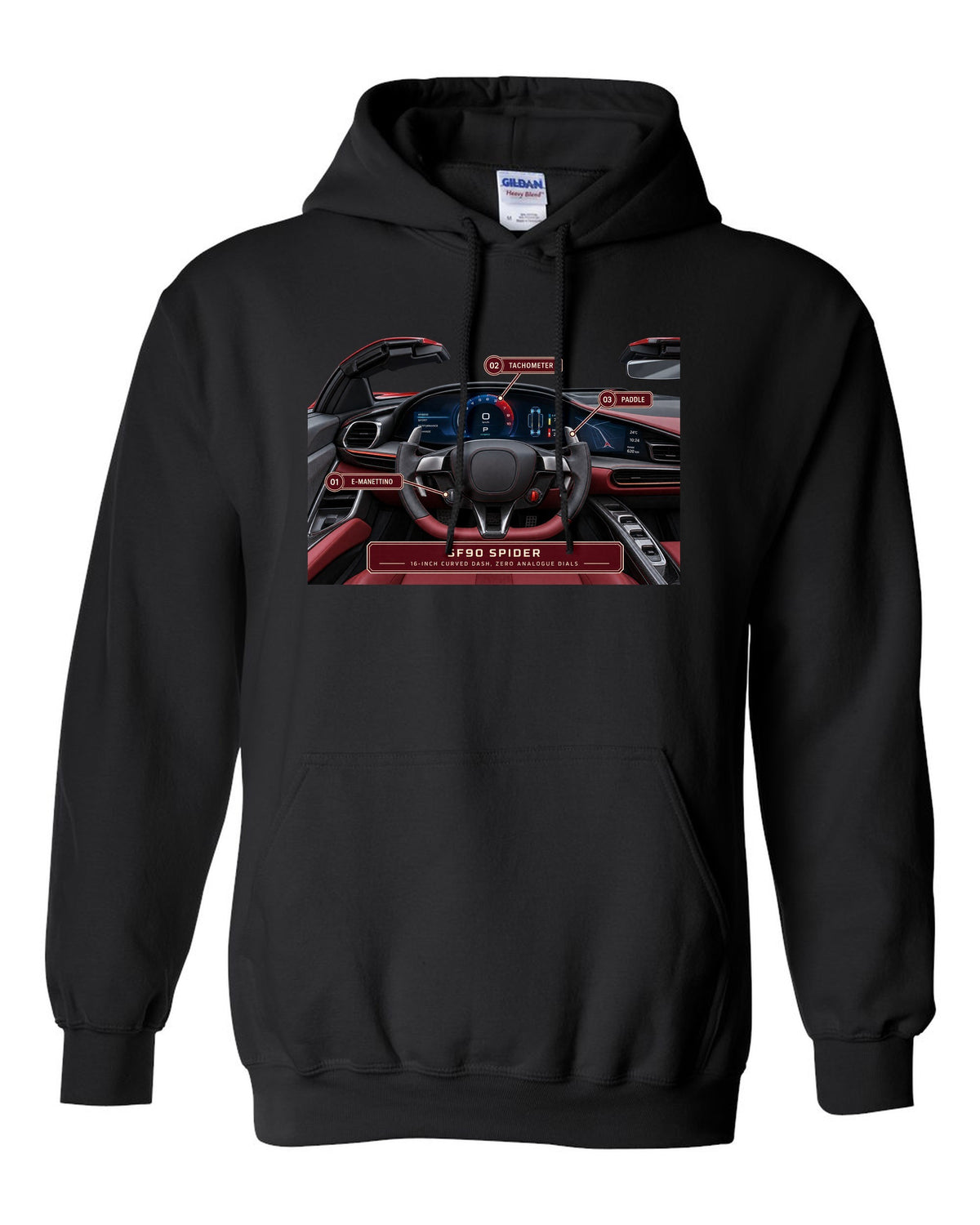 Ferrari SF90 Spider cockpit gauge print with 16-inch curved dash text black pull over hoodie front view with the design