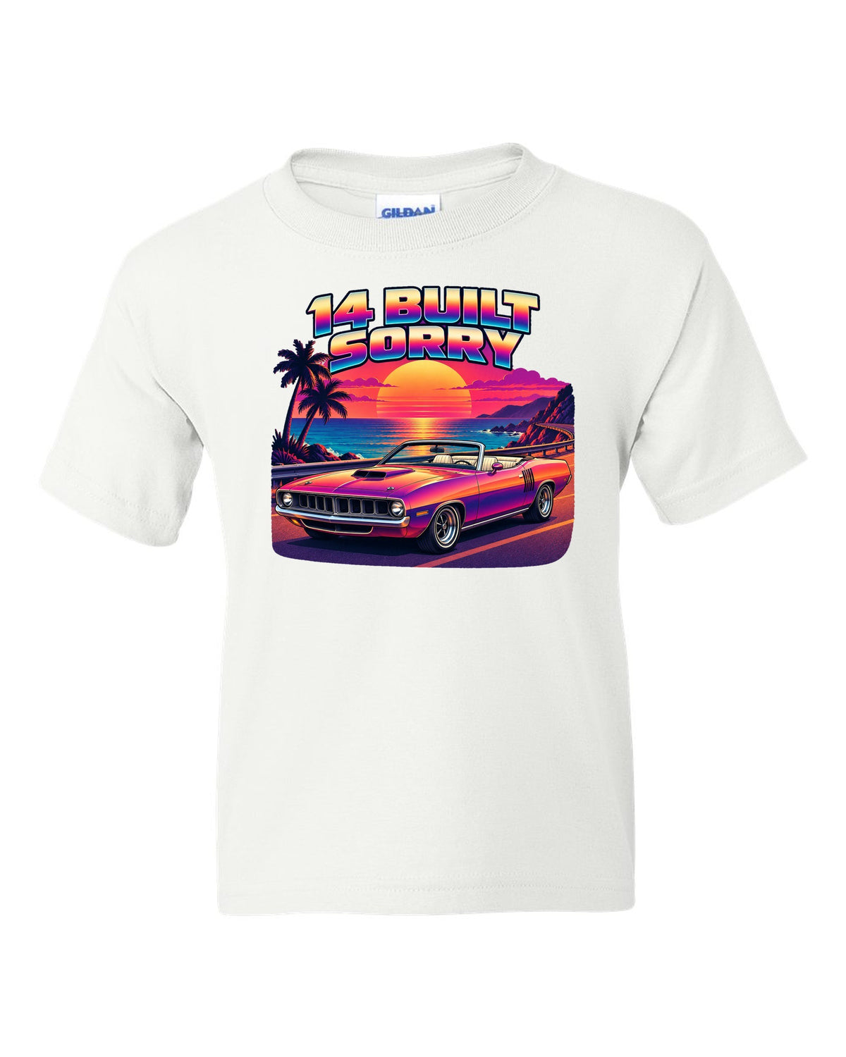 Sunset gradient synth vector print of a 1970 Plymouth Hemi 'Cuda convertible with 14 built text white kids tee front view with the design