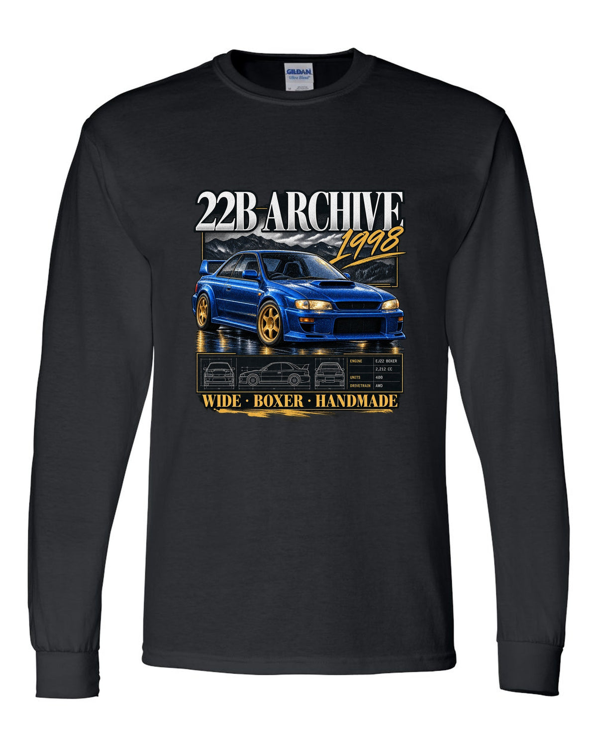 Archive panel print of a Subaru Impreza 22B STi GC8 with 400 built lettering black long sleeve front view with the design