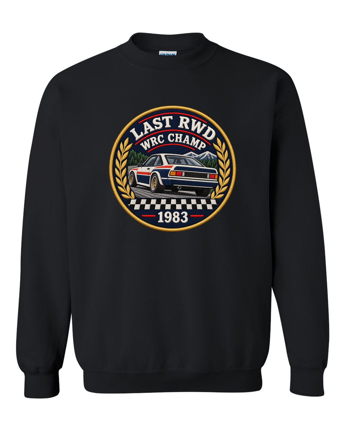 Embroidery patch style print of a 1983 Lancia Rally 037 with Last RWD WRC Champ lettering black crewneck front view with the design