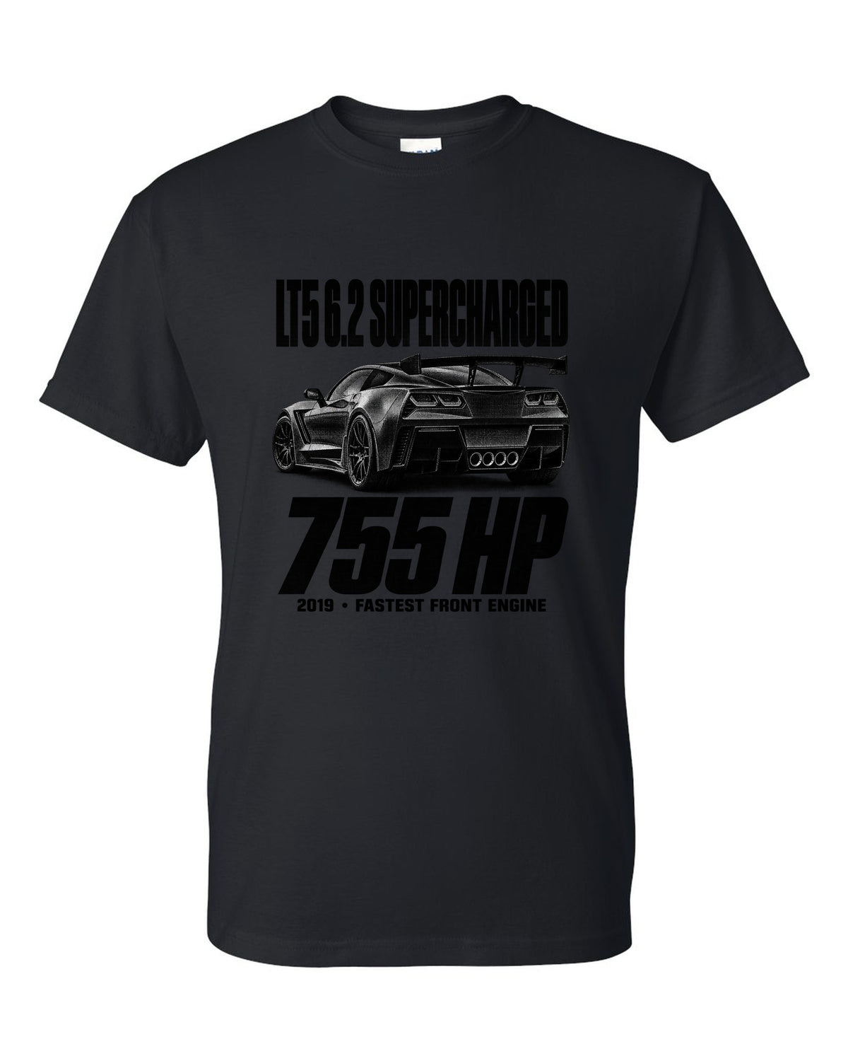 Corvette C7 ZR1 2019 halftone print with rear wing and vents black t-shirt front view with the design