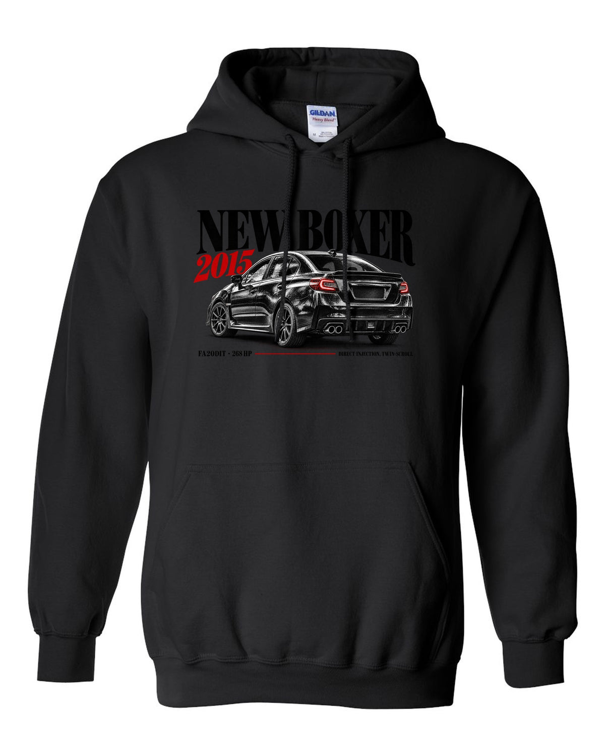 Editorial headline print for the Subaru WRX VA saloon reading New Boxer, 2015, FA20DIT, 268 HP black pull over hoodie front view with the design