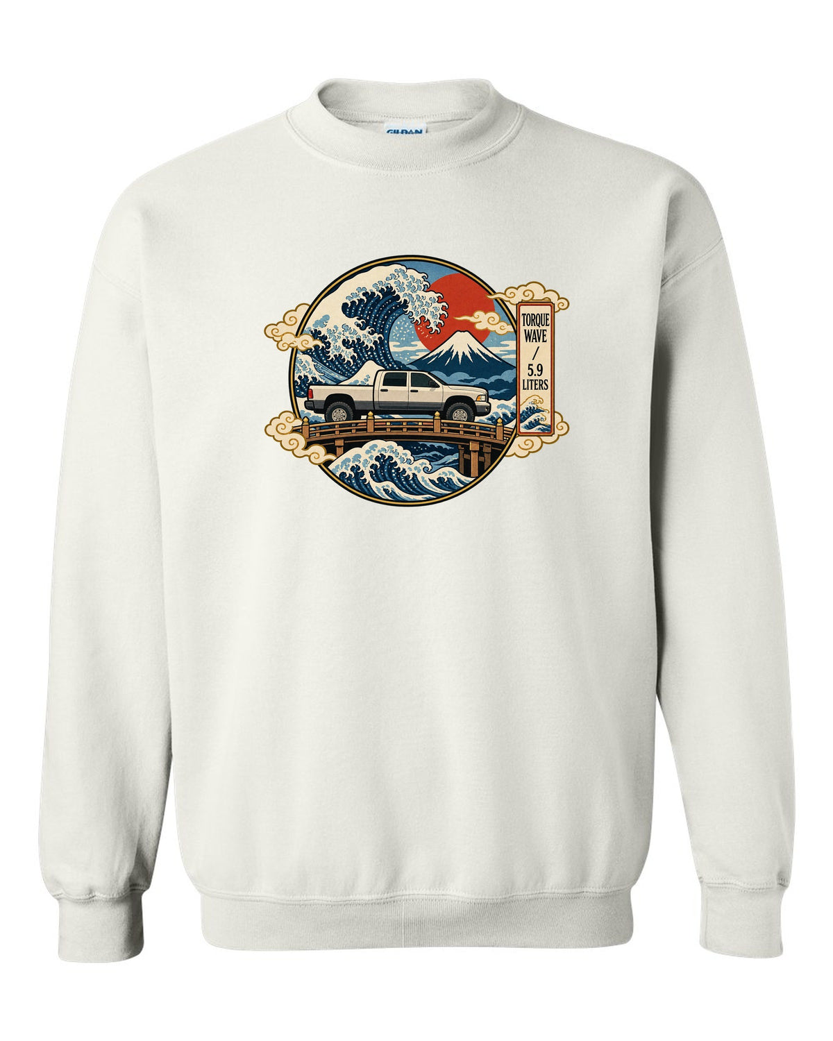 Ukiyo-e woodblock style print of a 2003-2009 Dodge Ram 2500 Cummins with torque wave 5.9 liters text white crewneck front view with the design