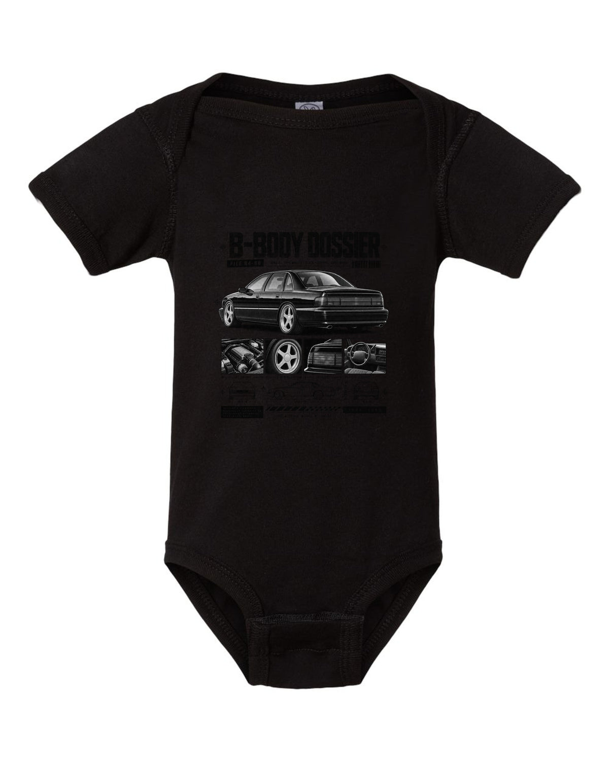 1994-96 Impala SS B-body dossier panels print with 4L60-E and wheel notes black baby onesie front view with the design