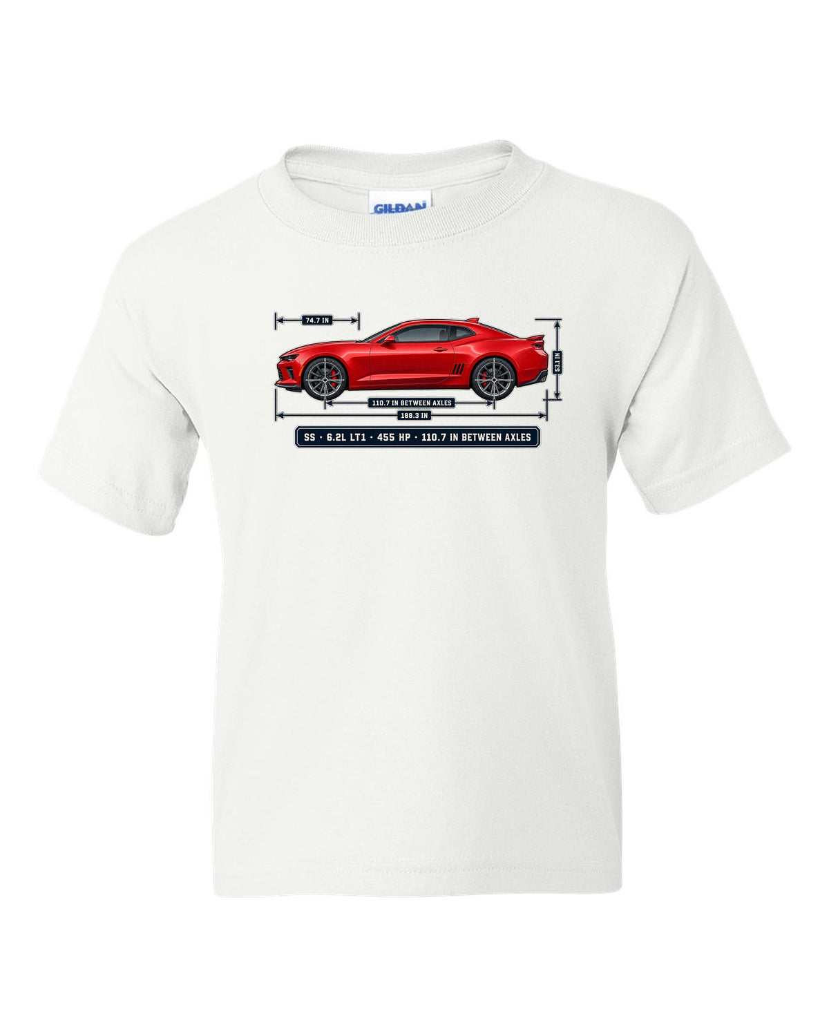 Dimension blueprint print of a 6th generation Chevrolet Camaro SS coupe white kids tee front view with the design