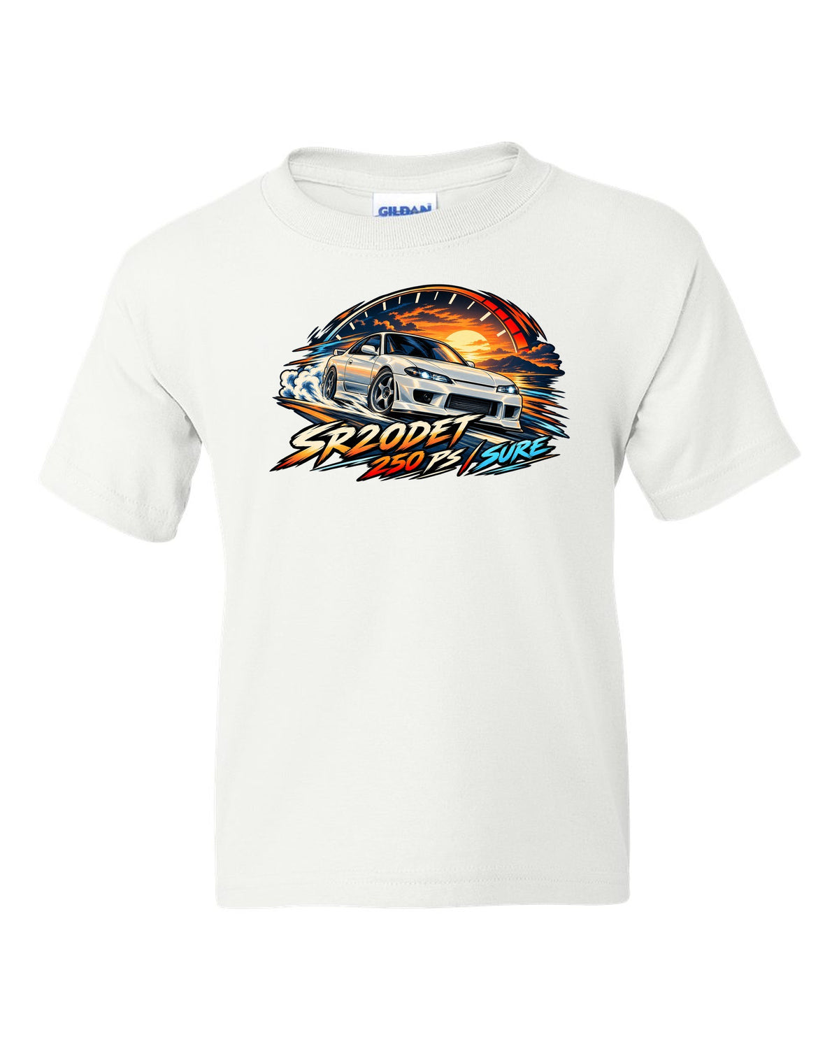 Cel-shaded anime print of a Nissan Silvia S15 with redline arc and SR20DET 250 PS text white kids tee front view with the design
