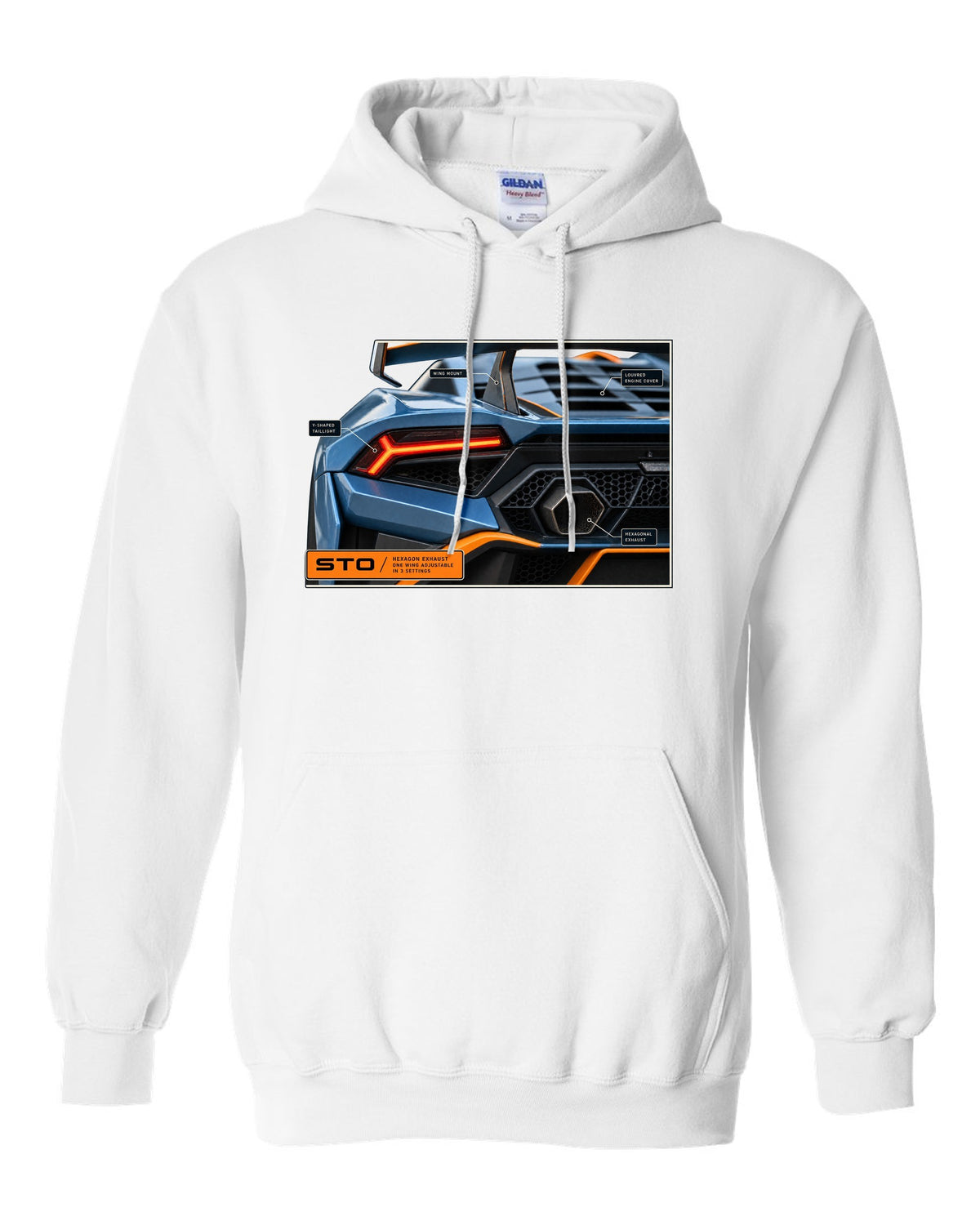 Taillight and hexagon exhaust macro print of the Lamborghini Huracan STO white pull over hoodie front view with the design