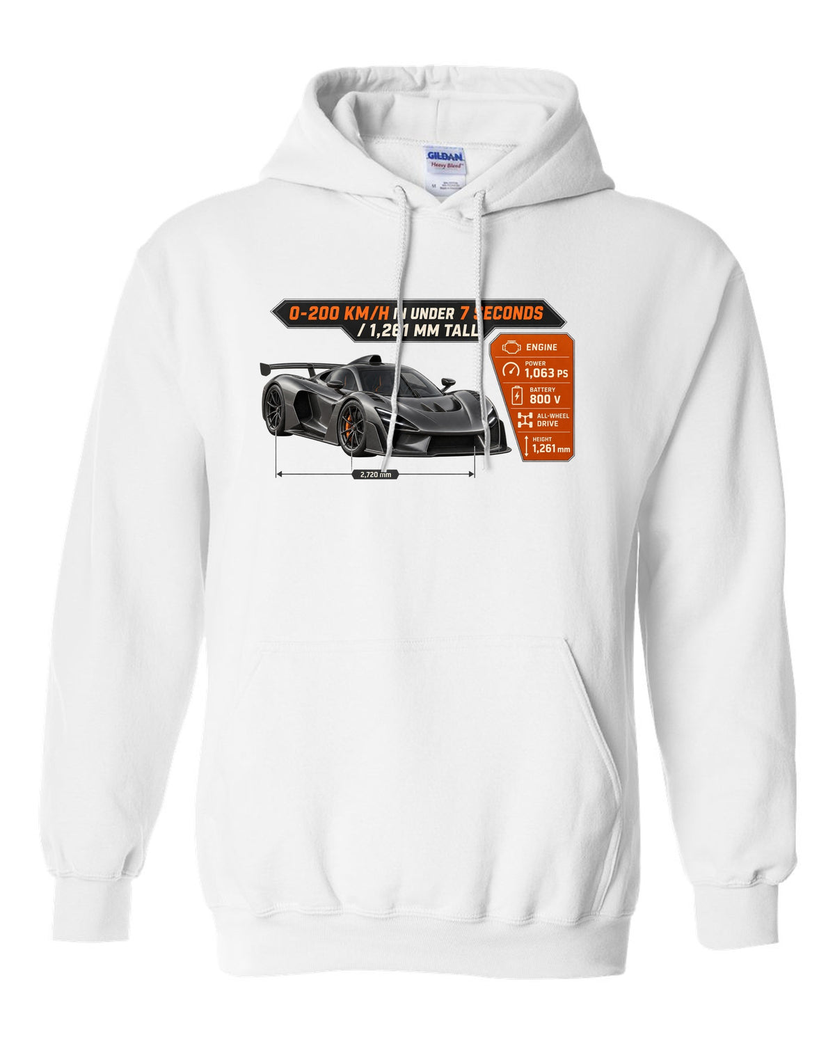 Mercedes-AMG One spec poster design with acceleration and height figures white pull over hoodie front view with the design