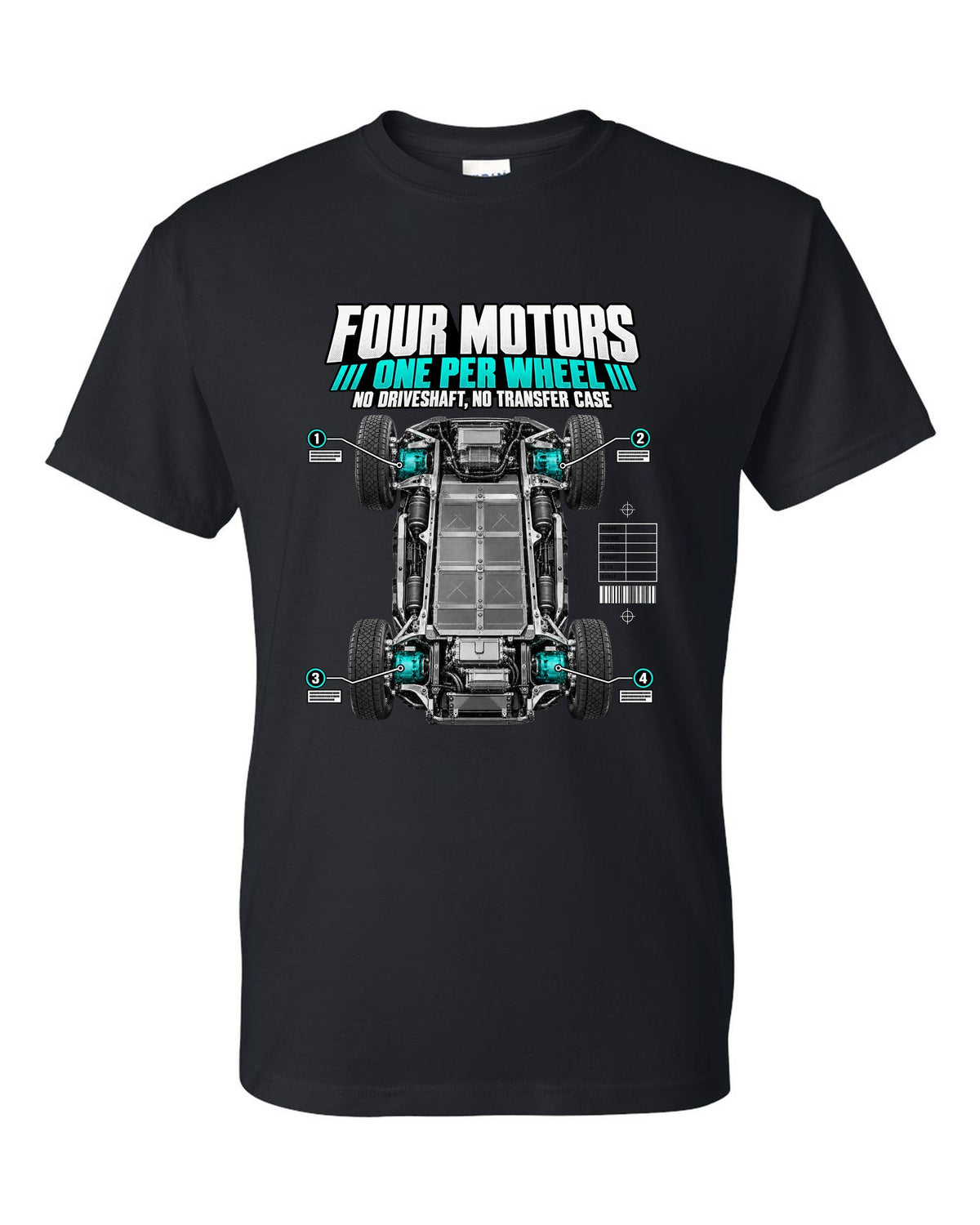 Rivian R1T Quad Motor 2022 layout with four motors, one per wheel, no driveshaft and no transfer case black t-shirt front view with the design