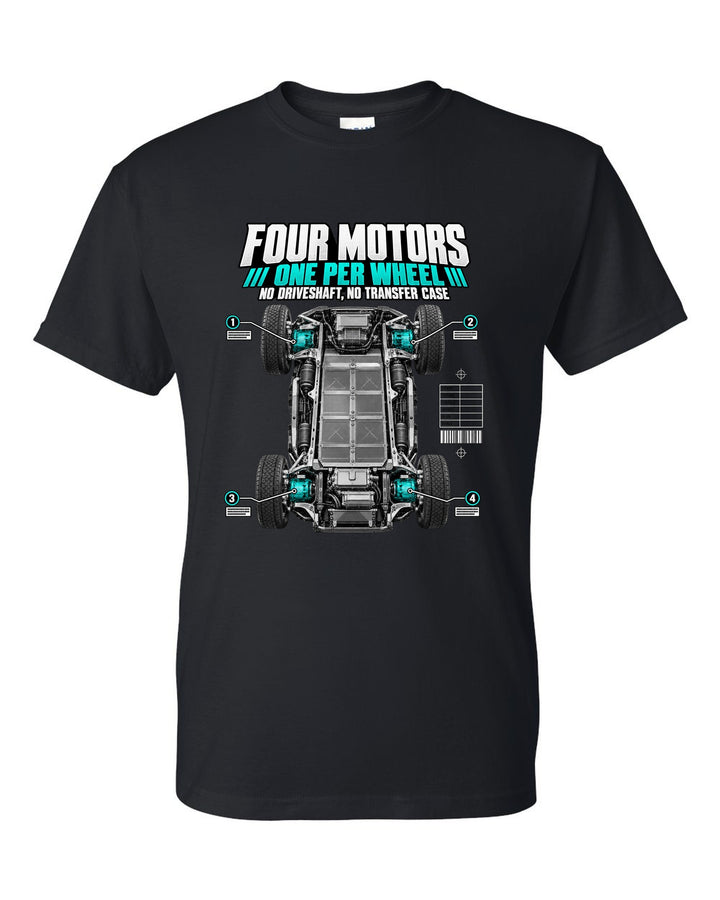 Rivian R1T Quad Motor 2022 layout with four motors, one per wheel, no driveshaft and no transfer case black t-shirt front view with the design